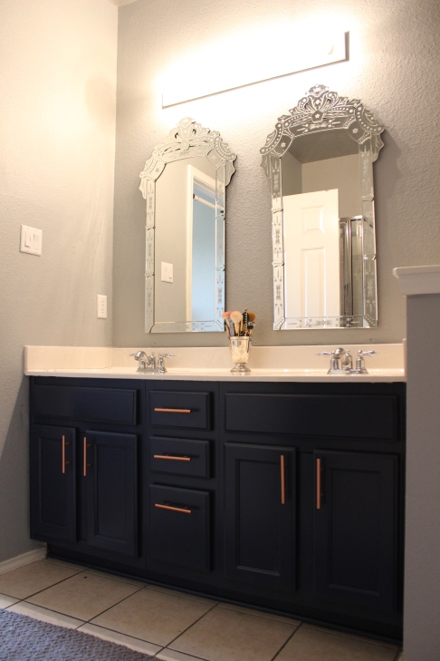 Grey Navy Cabinets Copper Hardware Pulls Venetian Style Mirrors Bathroom